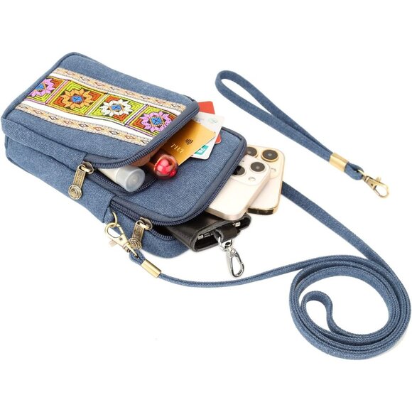 Women's Navy Blue Vintage Embroidered Cute Mini Cross Body Bag Small Handbags - Picture 5 of 6